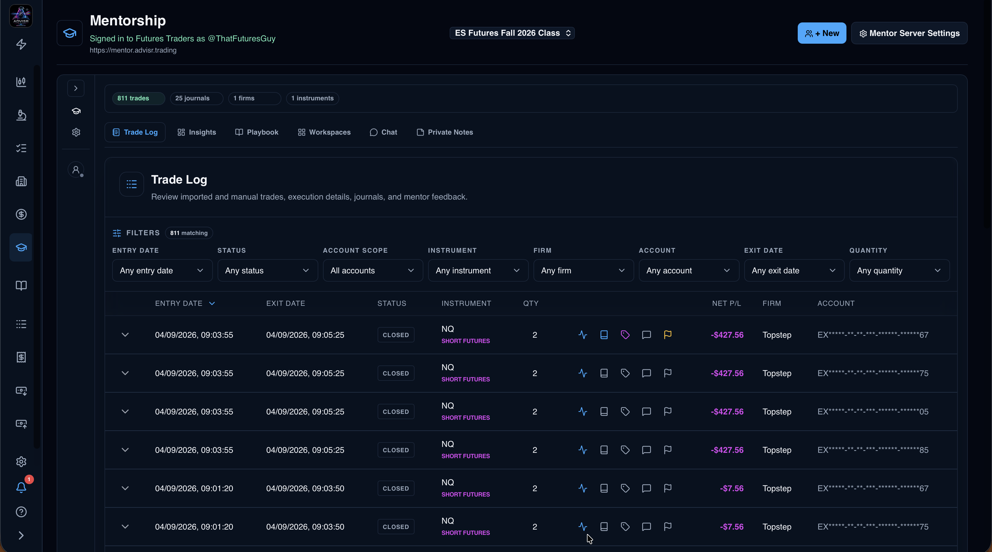Mentor view of a mentee’s Trade Log, with individual trades and journal controls.