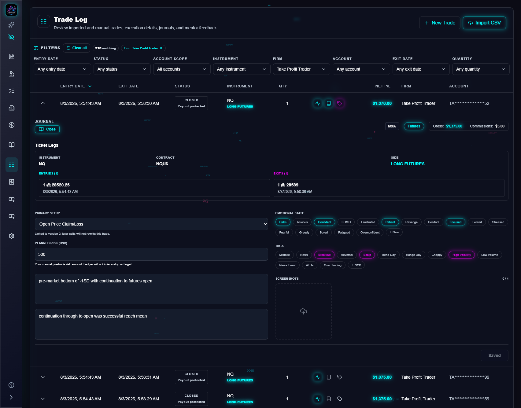 Expanded trader journal with fills, setup, planned risk, emotions, tags, notes, and masked accounts.